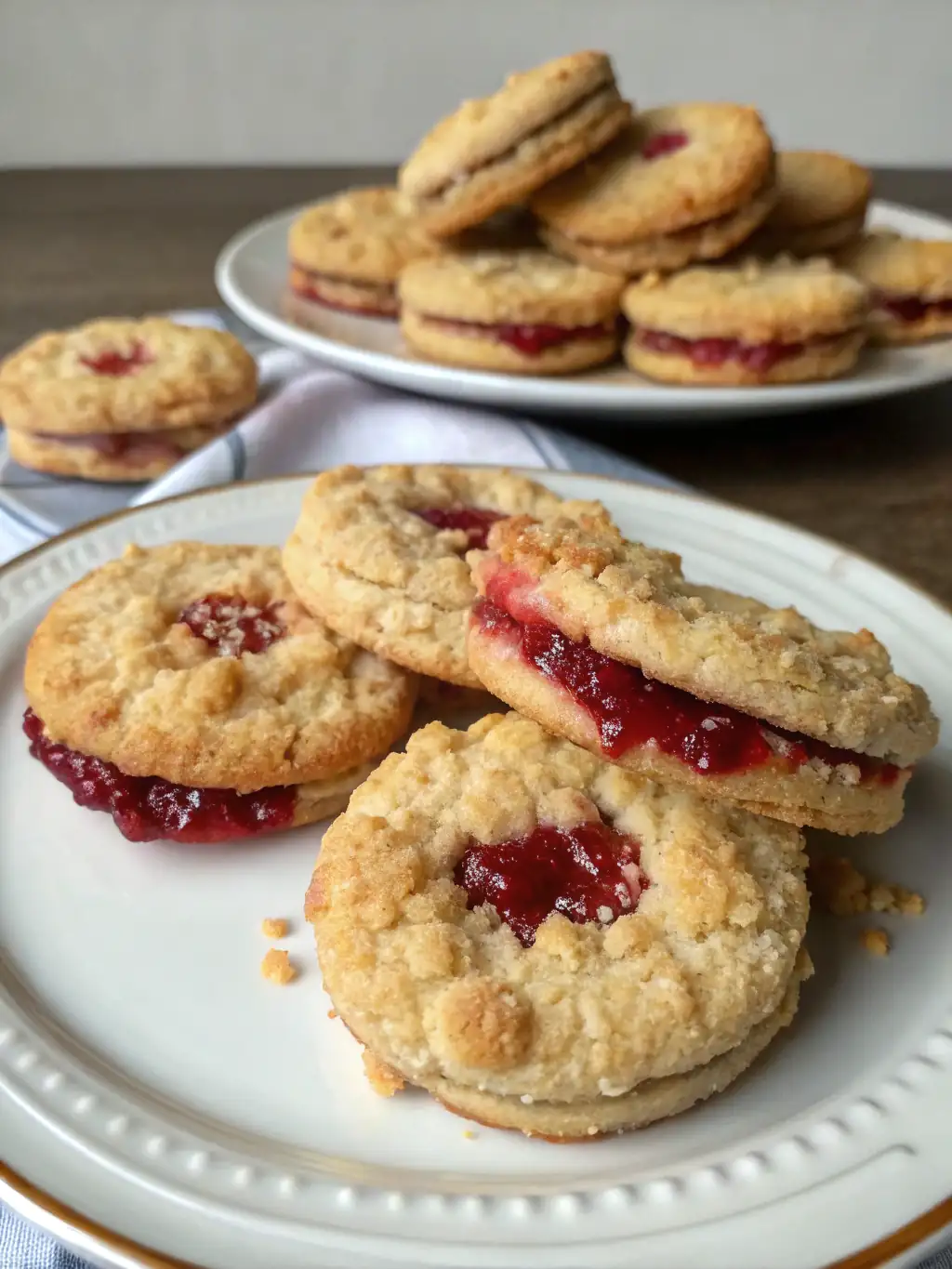 A delicious plate of Indulgent Buttery Raspberry Crumble Cookies with Jam Filling