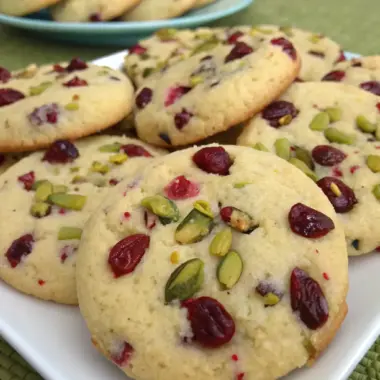 A delicious plate of Cranberry Pistachio Shortbread Cookies
