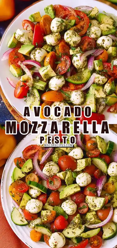 Tomato Cucumber Avocado Salad with Mozzarella and Basil Pesto
