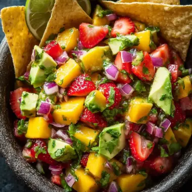 A delicious plate of Avocado Strawberry Mango Salsa