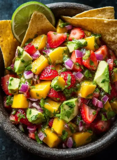 A delicious plate of Avocado Strawberry Mango Salsa