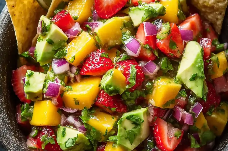 A delicious plate of Avocado Strawberry Mango Salsa