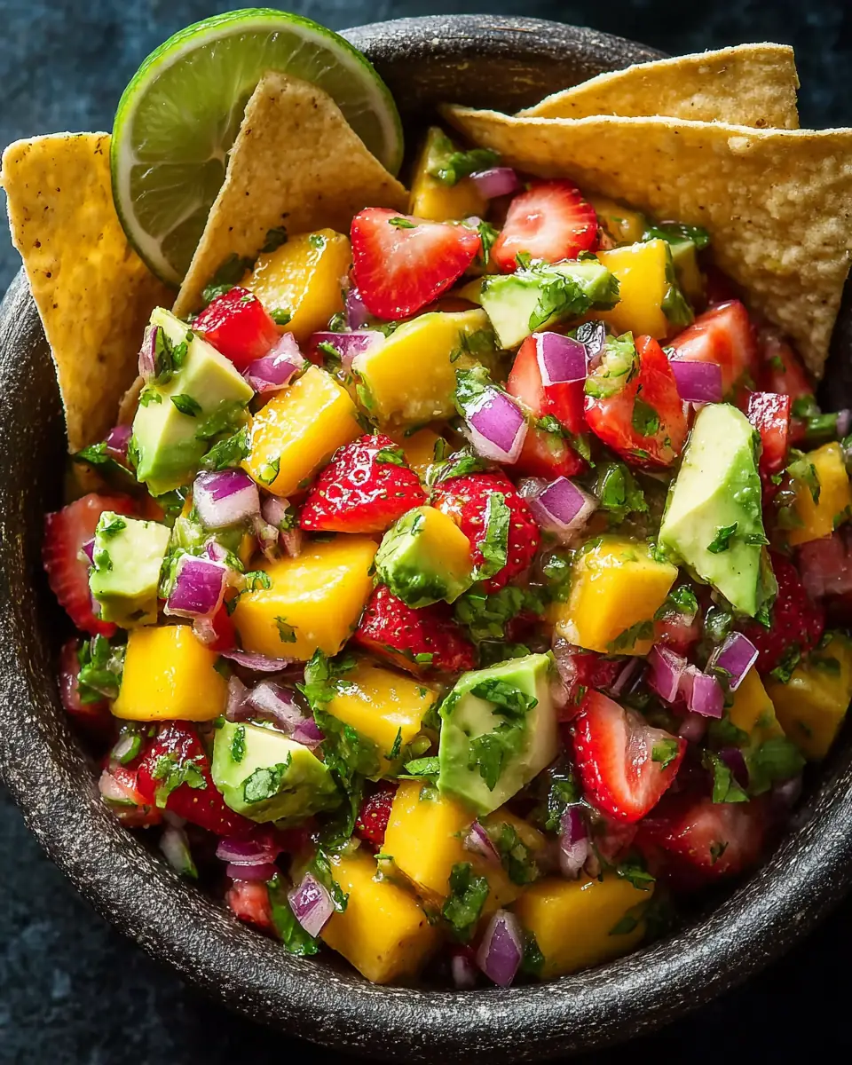 A delicious plate of Avocado Strawberry Mango Salsa