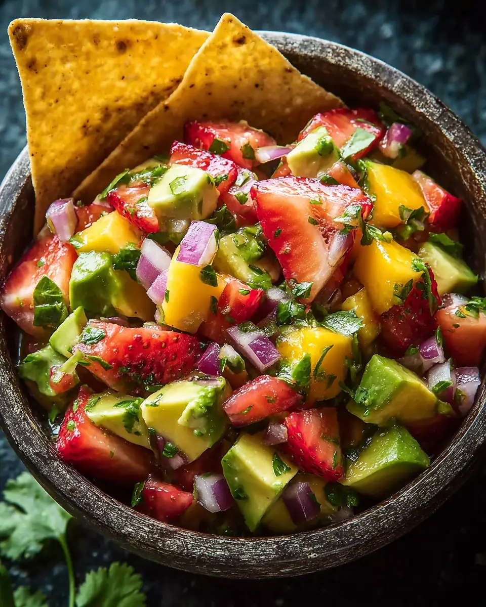 A delicious plate of Avocado Strawberry Mango Salsa