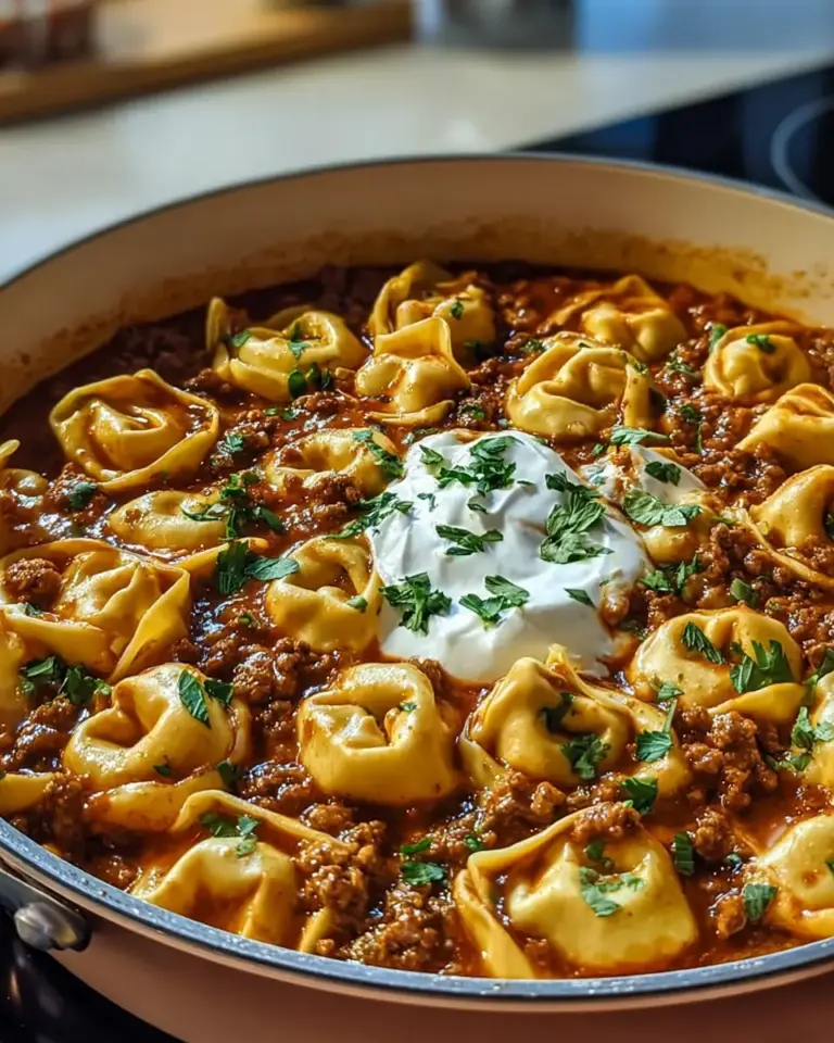 A delicious plate of Cheesy Beef Enchilada Tortellini