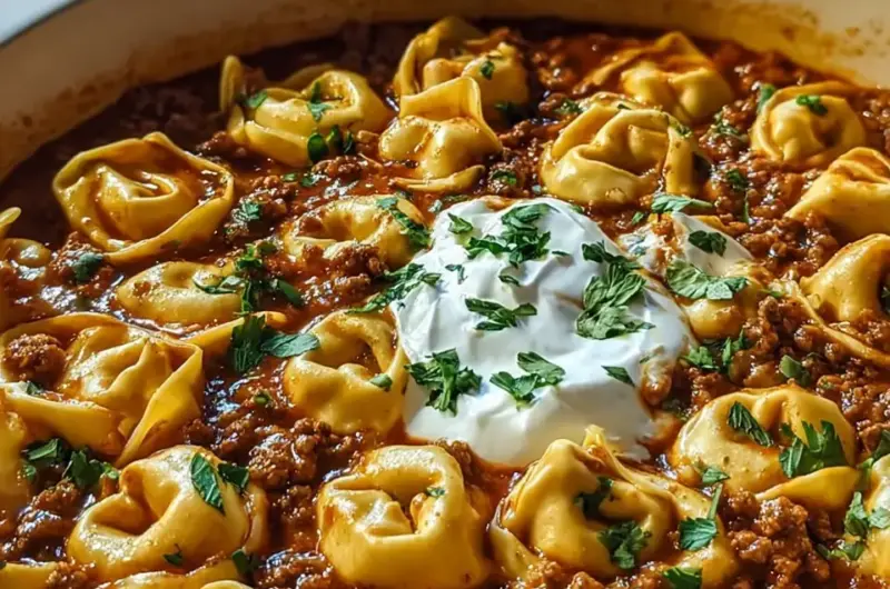 A delicious plate of Cheesy Beef Enchilada Tortellini