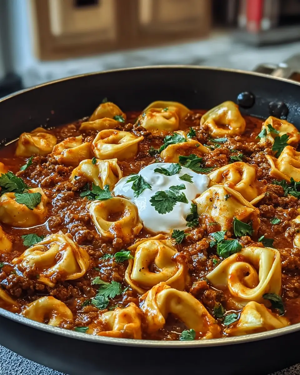 A delicious plate of Cheesy Beef Enchilada Tortellini