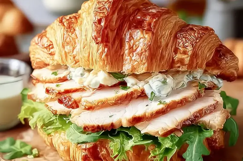 A delicious plate of Chicken Caesar Croissant Sandwich