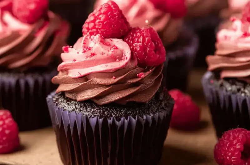 A delicious plate of Chocolate Raspberry Cupcakes