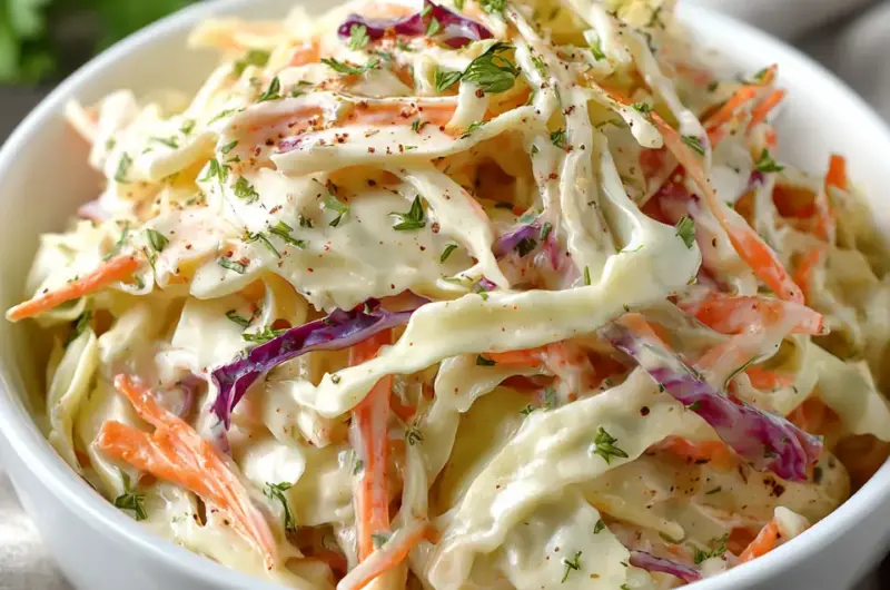 A delicious plate of Classic Creamy Coleslaw Dressing