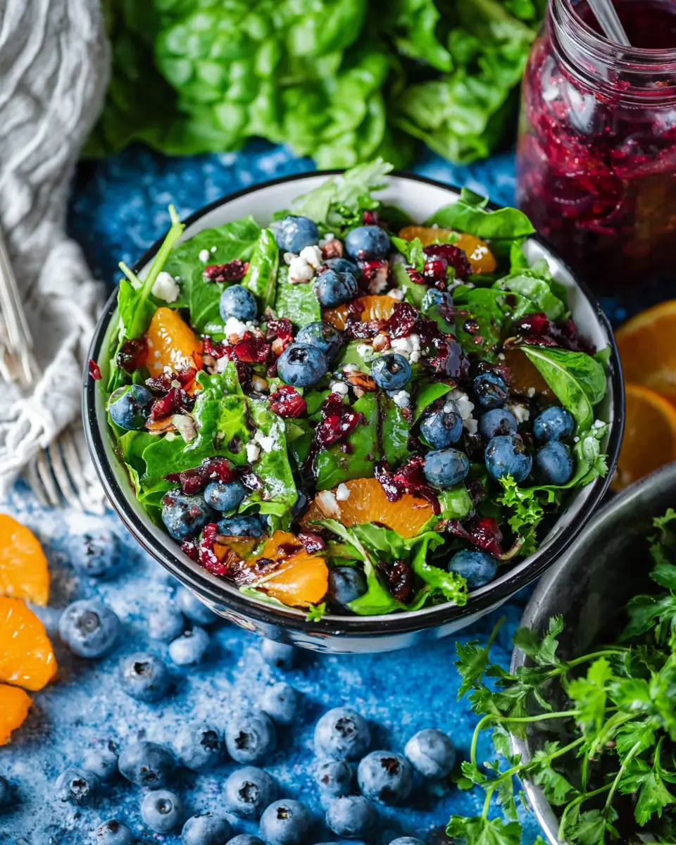 A delicious plate of Cranberry Blueberry Salad with Blueberry Balsamic Dressing