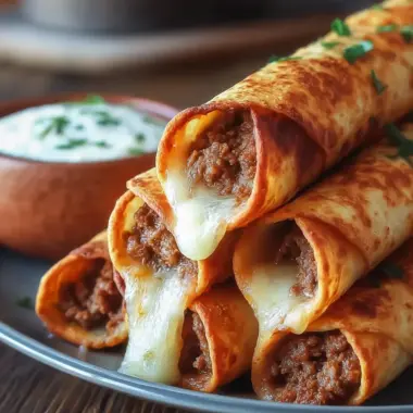 A delicious plate of Crispy Cheesy Beef Taquitos