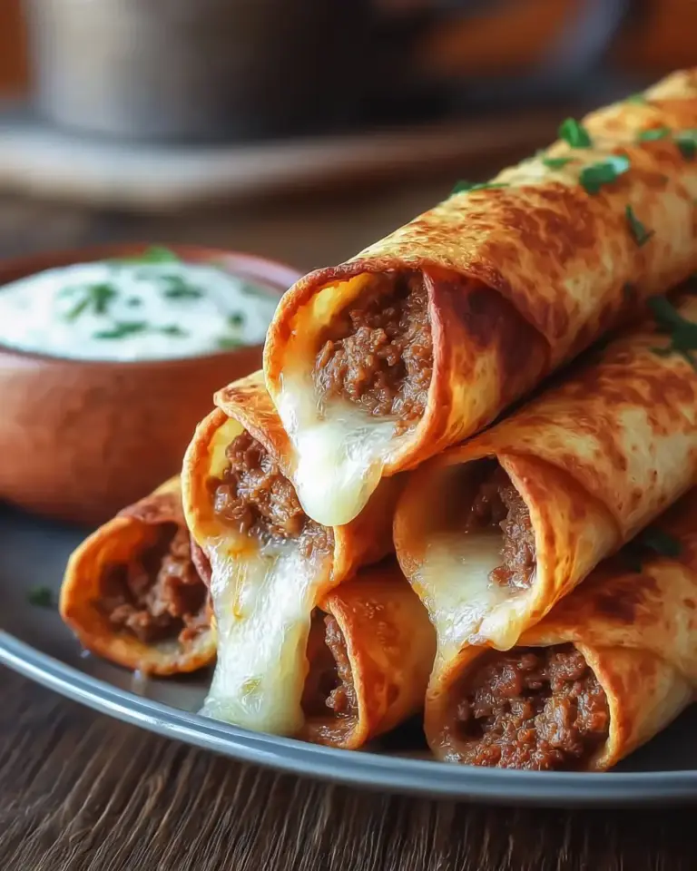A delicious plate of Crispy Cheesy Beef Taquitos