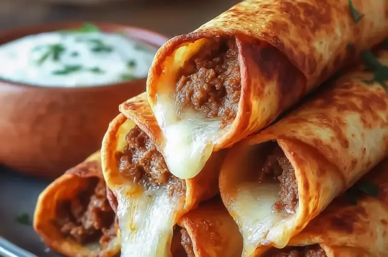 A delicious plate of Crispy Cheesy Beef Taquitos