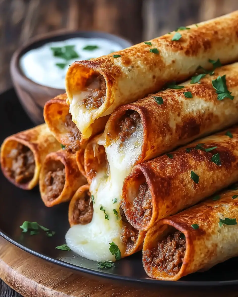 A delicious plate of Crispy Cheesy Beef Taquitos