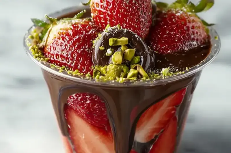 A delicious plate of Dubai Chocolate Strawberry Cup