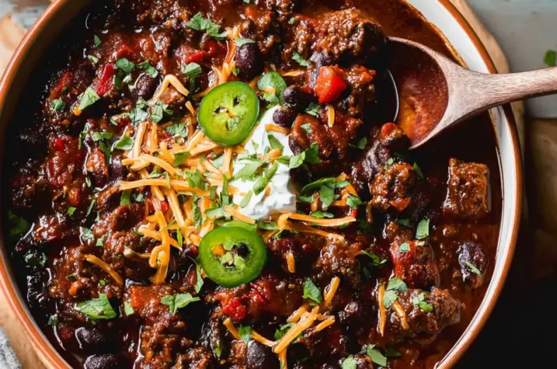 A delicious plate of Dutch Oven Chili Con Carne