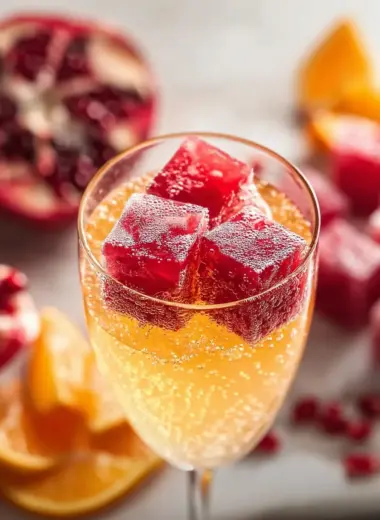 A delicious plate of Frozen Pomegranate Ice Cube Mimosa
