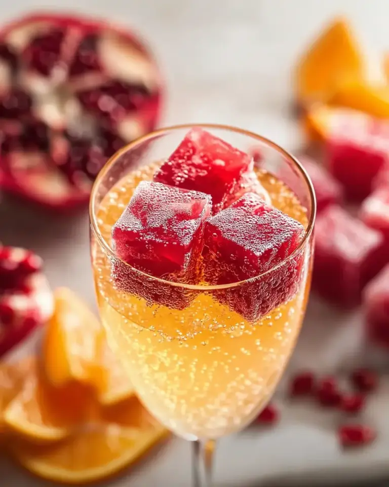 A delicious plate of Frozen Pomegranate Ice Cube Mimosa