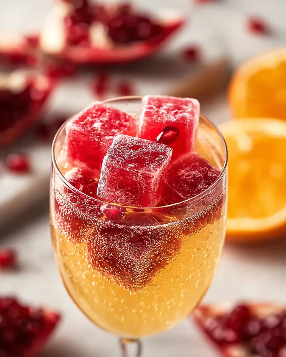 A delicious plate of Frozen Pomegranate Ice Cube Mimosa