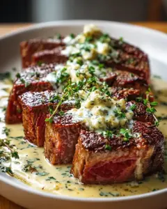A delicious plate of Garlic Butter Steak with Parmesan Cream Sauce