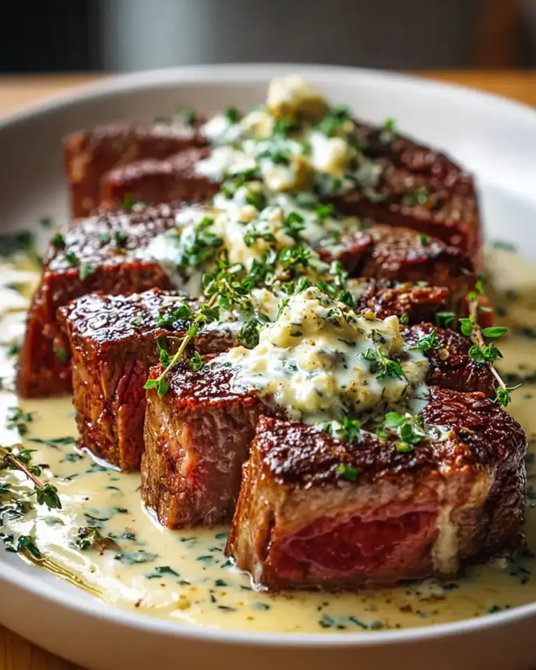A delicious plate of Garlic Butter Steak with Parmesan Cream Sauce