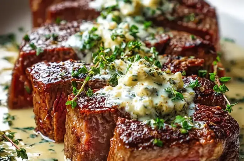 A delicious plate of Garlic Butter Steak with Parmesan Cream Sauce