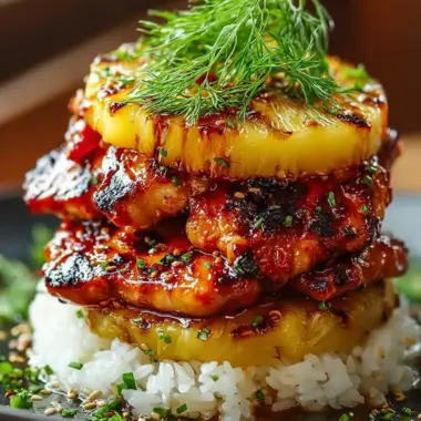 A delicious plate of Hawaiian Huli Huli Chicken Stack