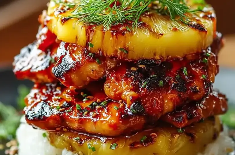 A delicious plate of Hawaiian Huli Huli Chicken Stack