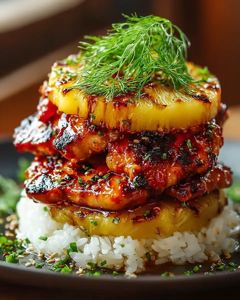 A delicious plate of Hawaiian Huli Huli Chicken Stack