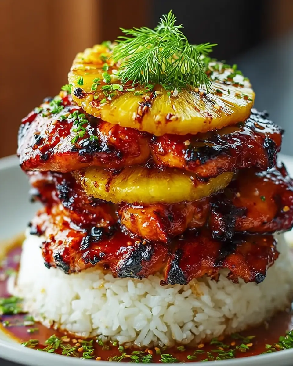 A delicious plate of Hawaiian Huli Huli Chicken Stack