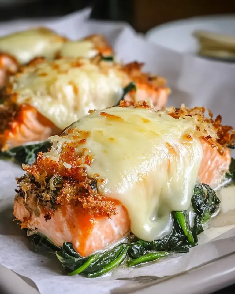 A delicious plate of Irresistible Baked Salmon with Spinach and Mozzarella Bliss