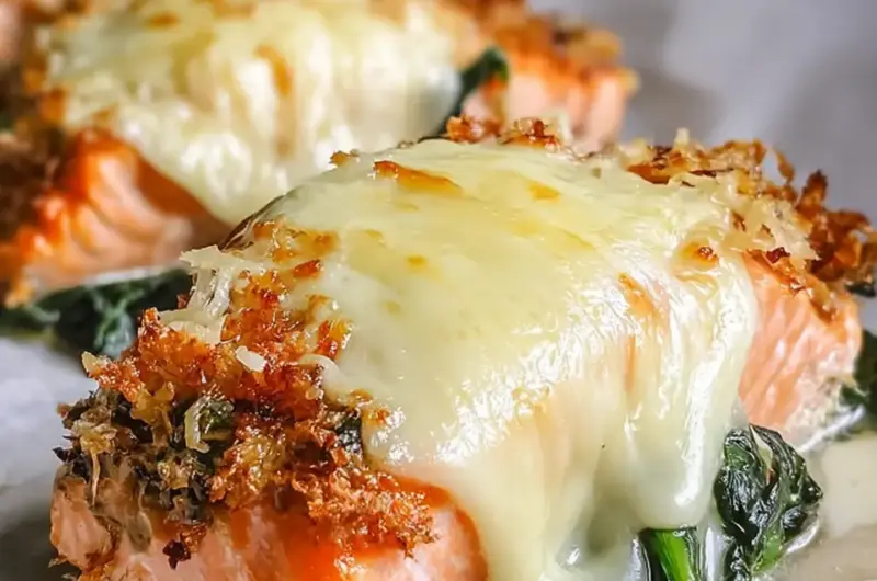 A delicious plate of Irresistible Baked Salmon with Spinach and Mozzarella Bliss