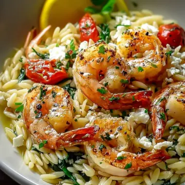 A delicious plate of Lemon Feta Orzo Shrimp
