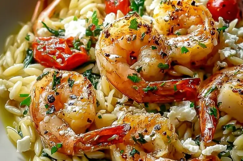 A delicious plate of Lemon Feta Orzo Shrimp