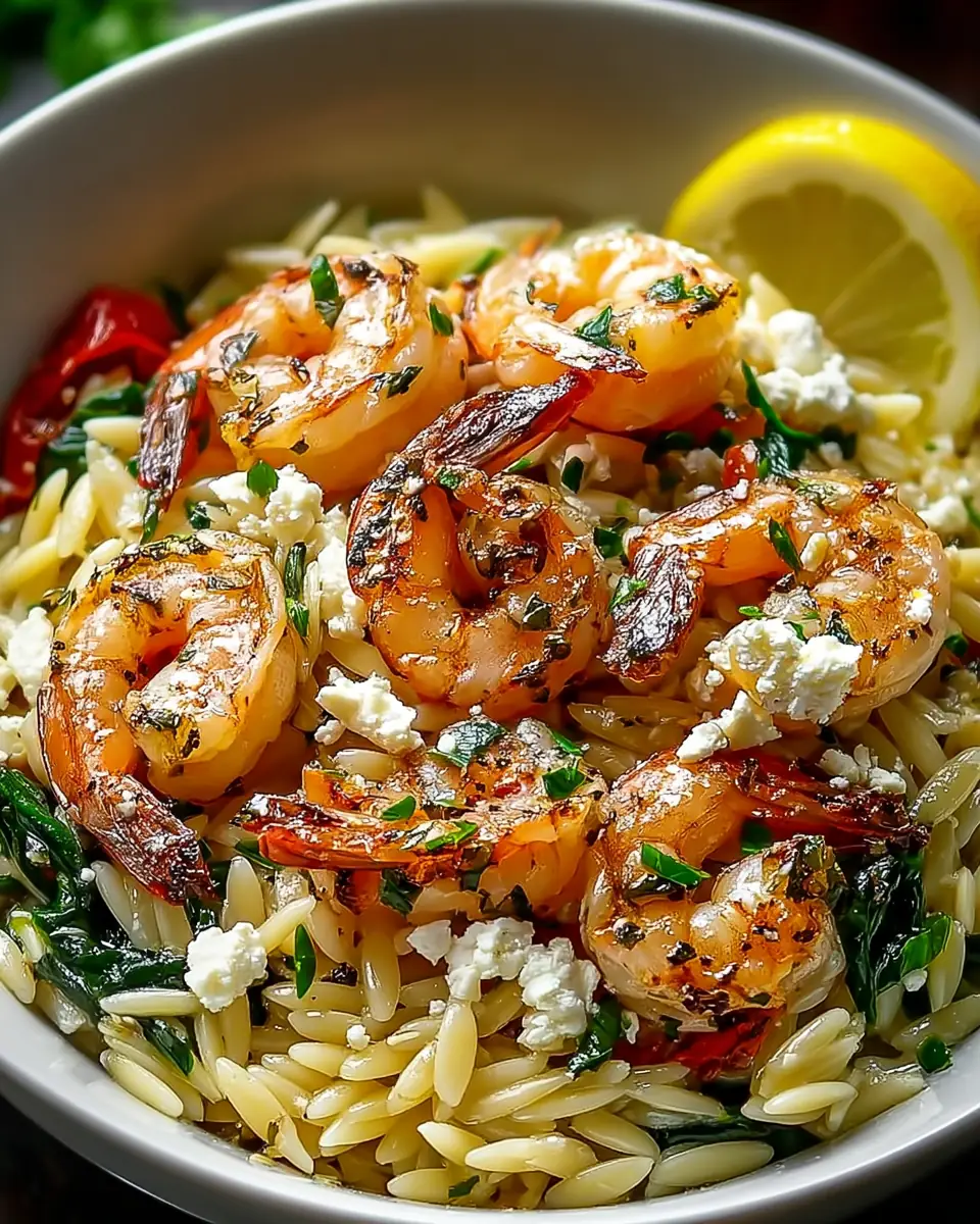 A delicious plate of Lemon Feta Orzo Shrimp