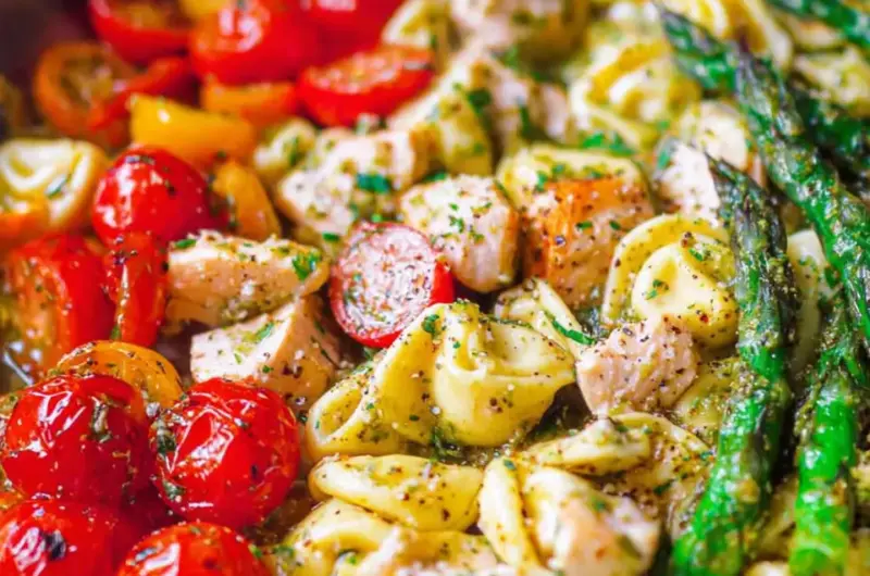 A delicious plate of Pesto Chicken Tortellini and Veggies