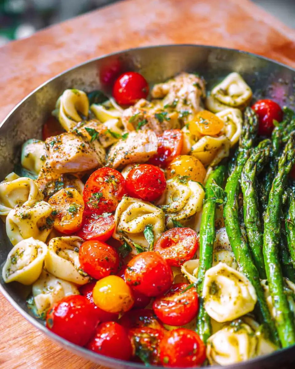 A delicious plate of Pesto Chicken Tortellini and Veggies