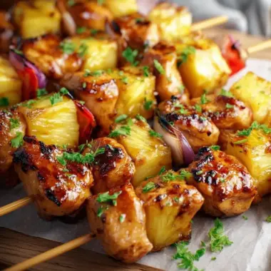 A delicious plate of Pineapple Chicken Kabobs