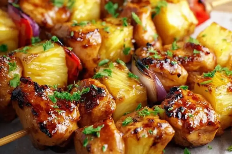 A delicious plate of Pineapple Chicken Kabobs