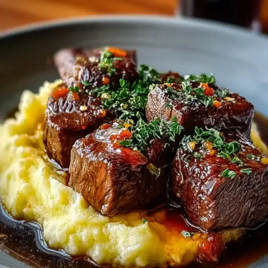 A delicious plate of Savory Steak Bites with Creamy Mash