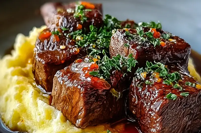 A delicious plate of Savory Steak Bites with Creamy Mash
