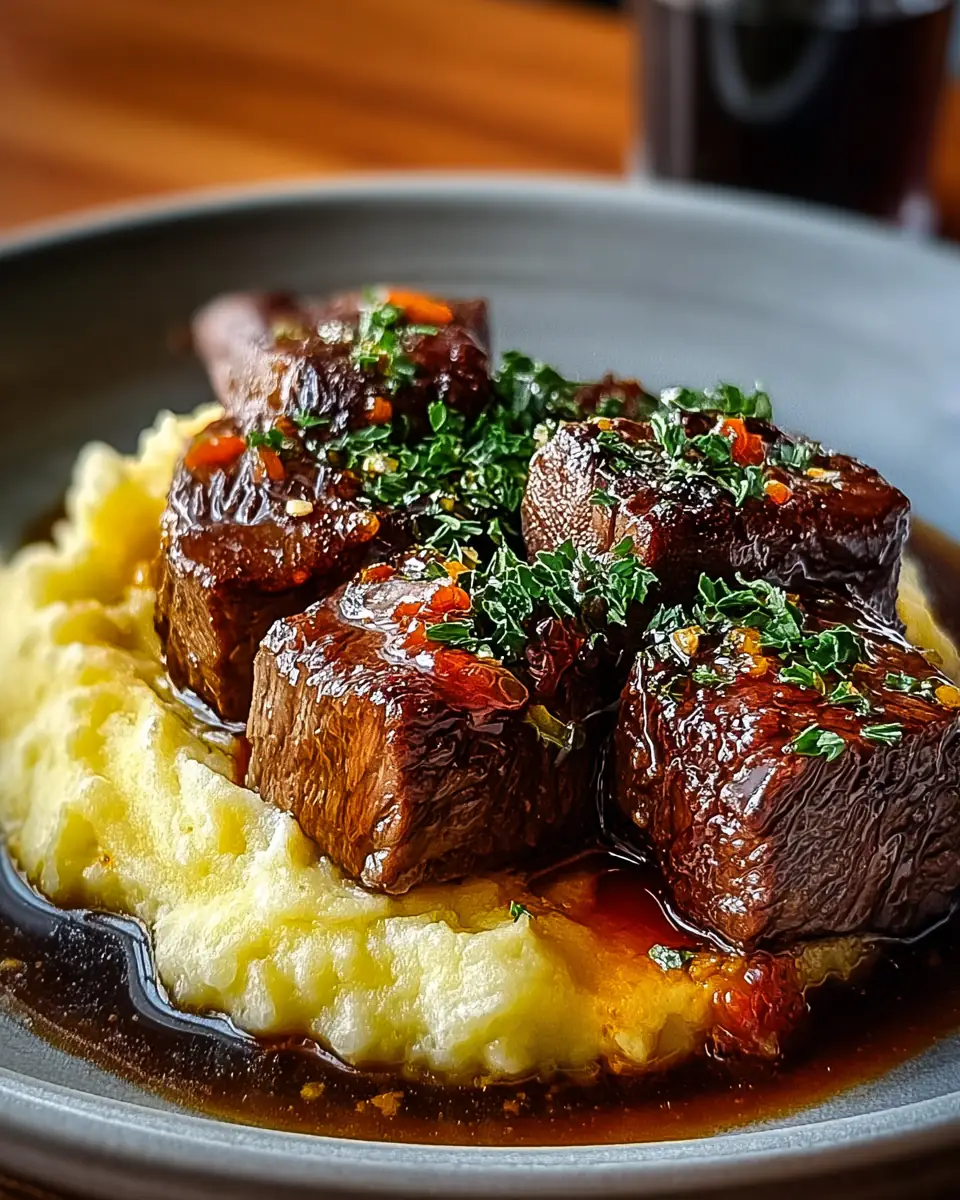 A delicious plate of Savory Steak Bites with Creamy Mash