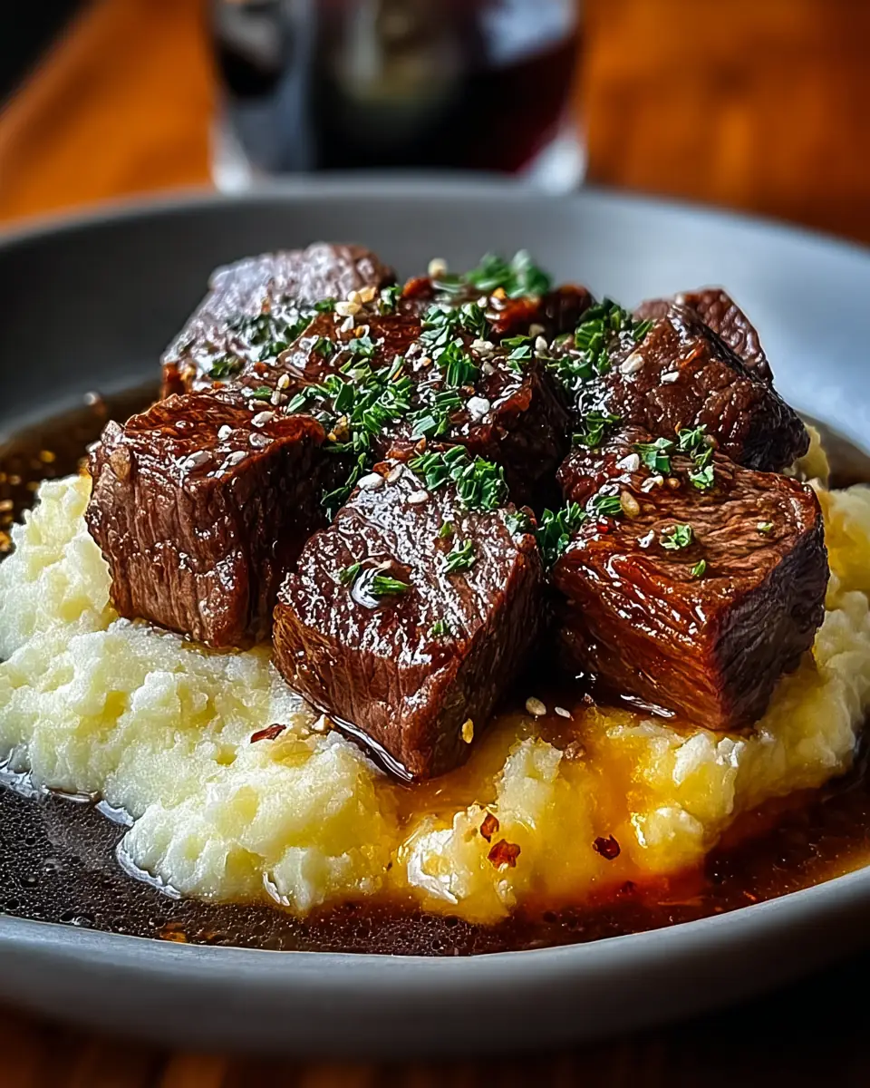 A delicious plate of Savory Steak Bites with Creamy Mash
