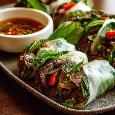 A delicious plate of Thai Basil Beef Rolls