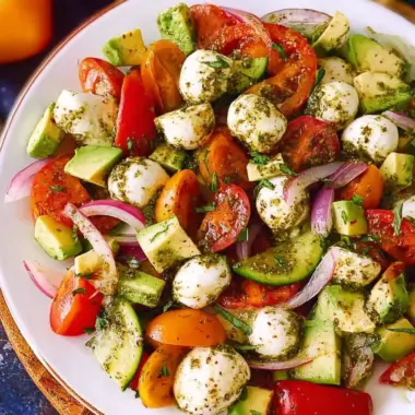 A delicious plate of Tomato Cucumber Avocado Salad with Mozzarella and Basil Pesto