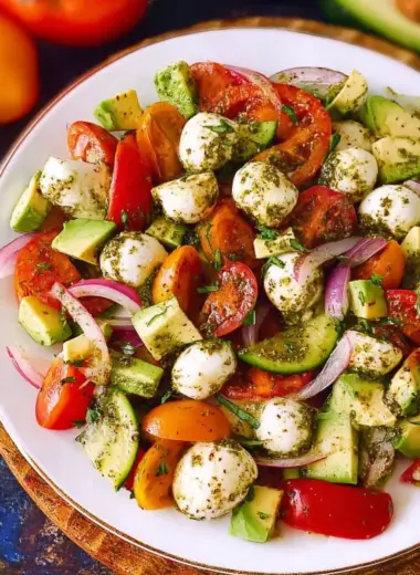 A delicious plate of Tomato Cucumber Avocado Salad with Mozzarella and Basil Pesto