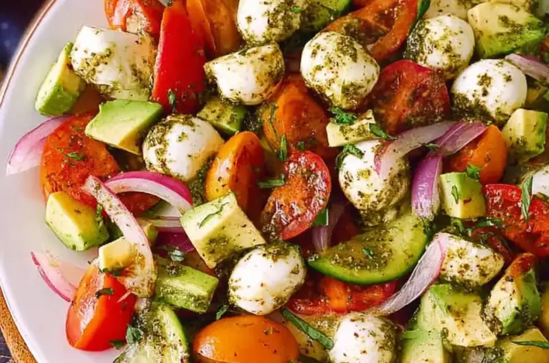 A delicious plate of Tomato Cucumber Avocado Salad with Mozzarella and Basil Pesto