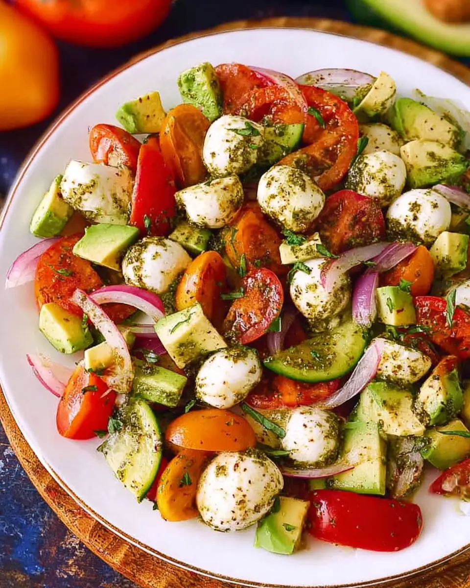 A delicious plate of Tomato Cucumber Avocado Salad with Mozzarella and Basil Pesto