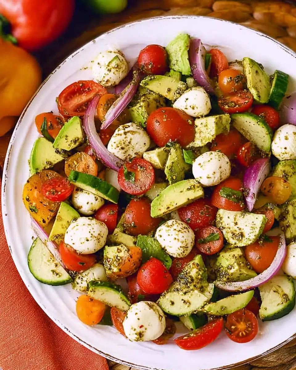A delicious plate of Tomato Cucumber Avocado Salad with Mozzarella and Basil Pesto